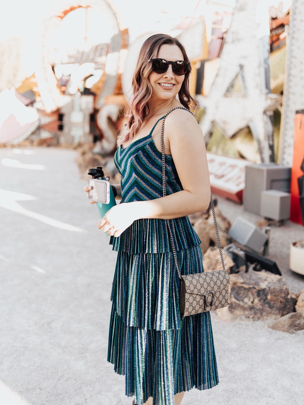 Dress the Population | Kathy Metallic Blue Pleated Tiered Midi Dress | Size S